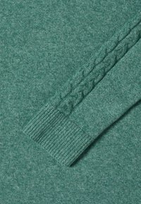 Pullover verde a maglia con un motivo a treccia testurizzato sulle maniche e polsini a coste, realizzato in un morbido tessuto misto.