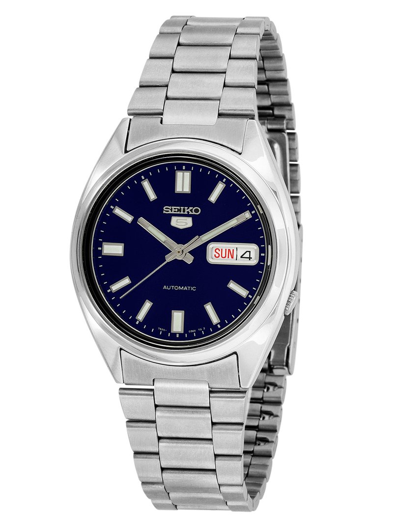 Seiko automatic wristwatch with silver metal band, dark blue face, silver hour markers, and day-date display showing Sunday 4.