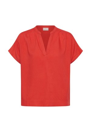 Blusa rossa a maniche corte con un delicato motivo a onde, scollo a V con apertura e vestibilità ampia.
