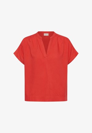 Blusa rossa a maniche corte con un delicato motivo a onde, scollo a V con apertura e vestibilità ampia.
