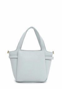 Světlá modrá kožená kabelka s dvojitými uchy, měkkou texturou a strukturovaným tvarem; disponuje předním kapsou s minimálními kovovými doplňky.