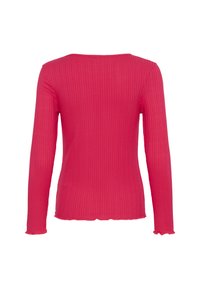 Long-sleeve top in vibrant pink ribbed fabric. Features a rounded neckline and scalloped hem with a fitted design. Smooth texture.