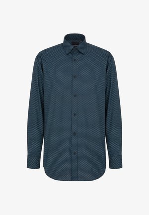 Koszula z długim rękawem, zapinana na guziki, w ciemnozielonym materiale, z małym białym i pomarańczowym wzorem geometrycznym, standardowym kołnierzykiem i czarnymi guzikami.