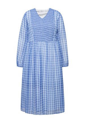 Langes, blau gemustertes Kleid mit V-Ausschnitt, gerafftem Oberteil und langen Ärmeln. Der Stoff ist leicht und fließend, mit Reihen geometrischer Motive.