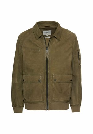 Veste en cuir vert olive avec fermeture éclair à l'avant, deux grandes poches avant, poignets côtelés et col plat. Équipée d'une patch de logo texturé.
