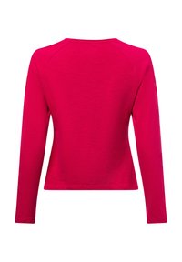 Langärmliges Oberteil aus leuchtend pinkem Stoff. Verfügt über einen Rundhalsausschnitt, eine figurnahe Form und eine glatte, weiche Textur. Keine Muster oder Akzente sichtbar.