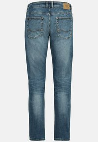 Jeansy z niebieskiego denimu o średnim stanie, o prostym kroju, z dwiema tylnymi kieszeniami, lekkim wyblaknięciem i przeszyciami na kieszeniach.