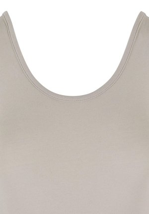 Light beige tank top with a scoop neckline, made of ribbed fabric. Smooth texture with neat stitching around the edges.