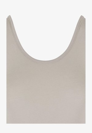 Gai bēša krāsa topiņš ar apaļu kleitu, izgatavots no ribota auduma. Gluda tekstūra ar kārtīgām šuvēm ap malām.