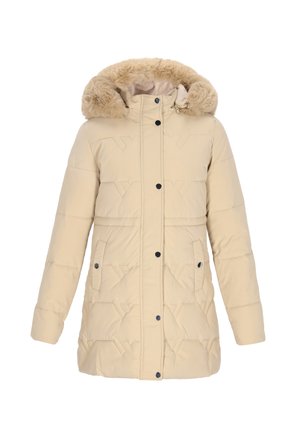 Béžový péřový kabát s kapucí lemovanou umělou kožešinou, prošívanou strukturou, tlačítky na patentky a dvěma bočními kapsami. Má rovný střih a dlouhé rukávy.