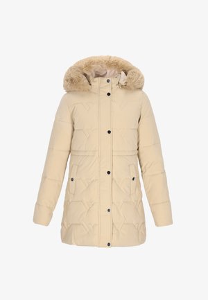 Beige pufferjack met een nepbont gevoerde capuchon, geborduurd textuur, drukknoopsluiting en twee zijzakken. Kenmerkt zich door een rechte snit en lange mouwen.