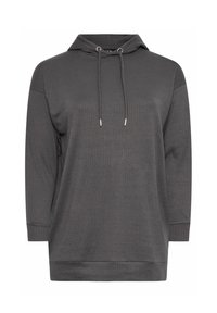 Grå hoodie gjord av ribbad tyg, med dragsko i huvan, långa ärmar och en avslappnad passform för komfort.