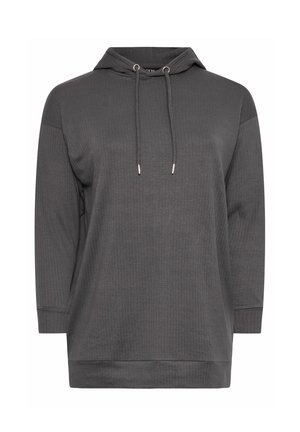 Grijze hoodie van rib stof, met een trekkoord in de capuchon, lange mouwen en een ontspannen pasvorm voor comfort.