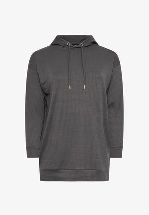 Haut à capuche gris en tissu côtelé, avec un cordon de serrage, des manches longues et une coupe décontractée pour le confort.