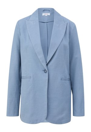 Lichtblauwe blazer van gestructureerde stof, met een gelapte revers, enkele knoopsluiting en twee voorzakken.