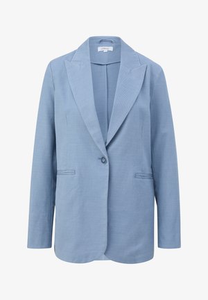 Hellblaues Blazer aus strukturiertem Stoff, mit Reverskragen, einem Knopfverschluss und zwei vorderen Taschen.
