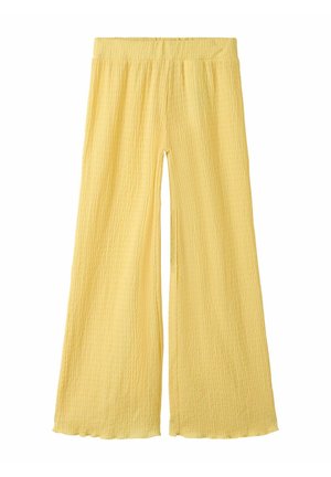 Gule vide bukser med elastisk midje og teksturert stoff, designet for en løs og komfortabel passform.