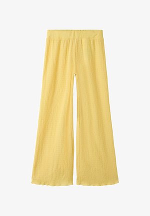 Pantalon jaune à jambes larges avec taille élastique et tissu texturé, conçu pour une coupe ample et confortable.