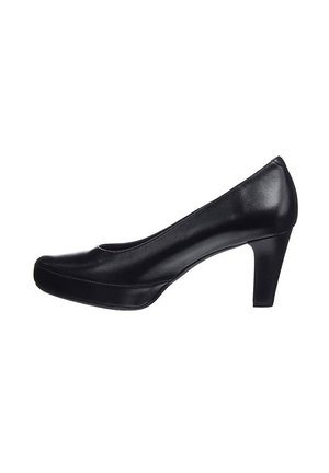 Zapato de tacón alto de cuero negro con punta redondeada, textura suave y un tacón delgado y afinado. Diseño simple sin acentos adicionales.