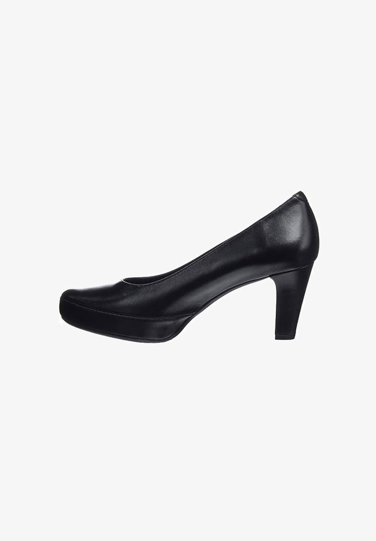 Chaussure noire en cuir à talon haut avec un bout arrondi, texture lisse, et un talon fin et effilé. Design simple sans accents supplémentaires.