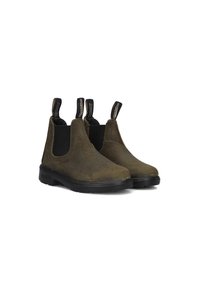 Bruine suede enkellaarzen met elastische zijkanten, een zwarte rubberen zool en een lipje aan de achterkant voor gemakkelijk aan- en uittrekken. Heeft een gladde, matte textuur.