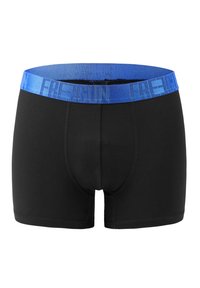 Black cotton boxer shorts with a blue elastic waistband featuring the text "FREDDY" in a repeating pattern. Smooth texture and fitted design.