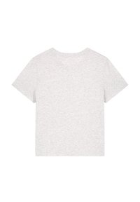 Graues Baumwoll-T-Shirt mit kurzen Ärmeln und klassischem Rundhalsausschnitt. Glatte Textur mit schlichtem Design, Ansicht von hinten.