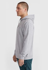 Haut à capuche gris clair avec une poche kangourou à l'avant, capuche avec cordon de serrage et poignets côtelés. Détails de fente sur les côtés et logo brodé sur la poitrine.