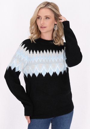 Czarny sweter z zygzakowym wzorem w jasnoniebieskim, srebrnym i białym kolorze. Długie rękawy oraz okrągły dekolt, wykonany z miękkiego materiału.