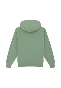 Hoodie i mjuk grön färg, visad från baksidan med ribbade ärmslut och nederkant, vilket framhäver sin enkla design och komfort.