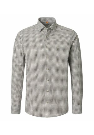 Long-sleeve men's button-up shirt with small geometric black and white pattern and a classic collar on a white background.