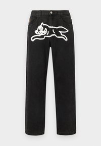 Μαύρο τζιν denim με άνετη γραμμή, με κεντητό λευκό σχέδιο γάτας στο πίσω μέρος και κούμπωμα με κουμπί στη μέση.