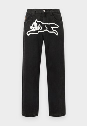 Svarte jeans i denim med en avslappet passform, med et hvitt brodert kattemotiv på baksiden og knappelukking i livet.