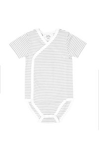 Bodysuit a maniche corte, a righe grigie e bianche, con design avvolgente, rifiniture bianche e chiusure a scatto sul fondo per un vestire facile.