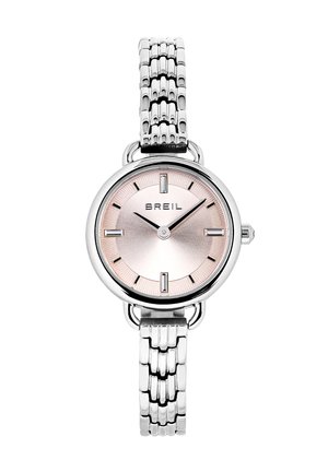Rund sølvur med en pink tekstureret urskive, sølv timeindekser og et fleksibelt metallisk armbånd. Mærket "BREIL" fremvist.