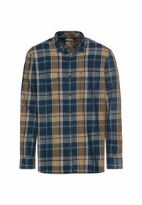 Langsleeve geruite overhemd in blauw, bruin en crème. Heeft twee borstzakken, een button-down kraag en een gestructureerde pasvorm. Zachte stoftextuur.