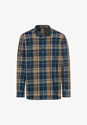 Langsleeve geruite overhemd in blauw, bruin en crème. Heeft twee borstzakken, een button-down kraag en een gestructureerde pasvorm. Zachte stoftextuur.