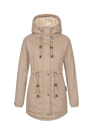 Beige wasserfeste Jacke mit Kapuze, verstellbaren Kordeln, Druckknöpfen und weichem, flauschigem Innenfutter. Verfügt über seitliche Taschen und ribbelige Bündchen.
