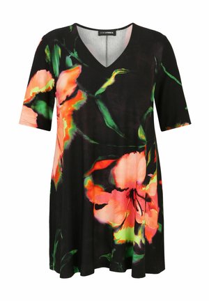 Tunika mit V-Ausschnitt und kurzen Ärmeln, mit schwarzem Grund und großen, mehrfarbigen Blumenmustern in Pink, Orange und Grün, aus weichem Stoff gefertigt.