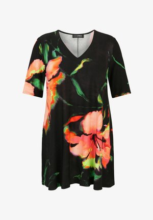 V-neck short-sleeve tunic featuring a black base with large, multicolored floral patterns in pink, orange, and green, made from soft fabric.