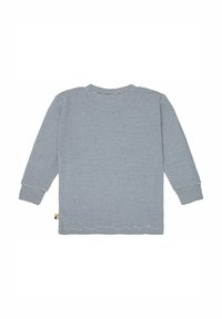 Camicia a maniche lunghe in morbido tessuto, con righe orizzontali blu navy e bianche, colletto rotondo e dettaglio del marchio sull'orlo.