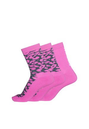 Three pairs of mid-calf socks in bright pink, two with black and pink animal print pattern and one in solid pink.