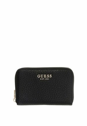 Portefeuille zippé en cuir noir texturé avec logo GUESS argenté et "EST 1981" embossé à l'avant.