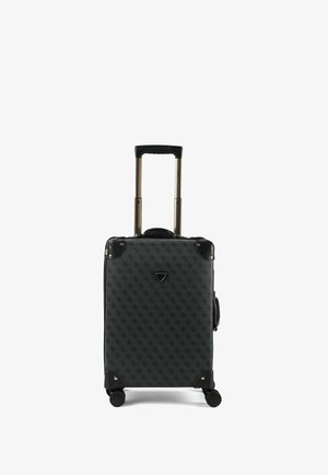 Dark grey hard-shell suitcase with black corner protectors, four wheels, a telescoping handle, and a small triangular logo on front.