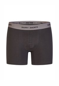 Dunkelgraue Boxershorts aus weichem Stoff mit einem breiten elastischen Bund, auf dem "HAPPY SHORTS" in Schwarz gedruckt ist.
