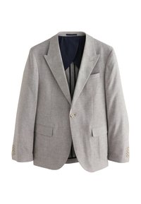 Blazer gris clair à un seul bouton avec revers en encoche, poches avant à rabat et doublure intérieure foncée, présenté à plat sur fond blanc.