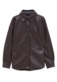 Brun läder skjortjacka med krage, knappfram, långa ärmar och bröstficka. Har en slät textur och en skräddarsydd passform.