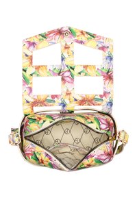 Blumen-Crossbody-Tasche mit einem bunten Muster, das lila, gelbe und pinke Blumen zeigt. Das Innere verfügt über ein Reißverschlussfach und eine beige Fütterung.