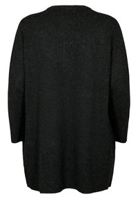 Übergroßer schwarzer Strickpullover mit strukturiertem Finish, weiten Ärmeln und rundem Ausschnitt. Weiches Material mit einem dezenten Stretch.