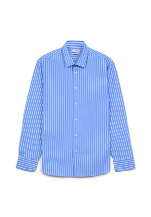 Camicia button-up azzurro chiaro con strisce verticali bianche a contrasto, maniche lunghe, colletto classico e orlo dritto.
